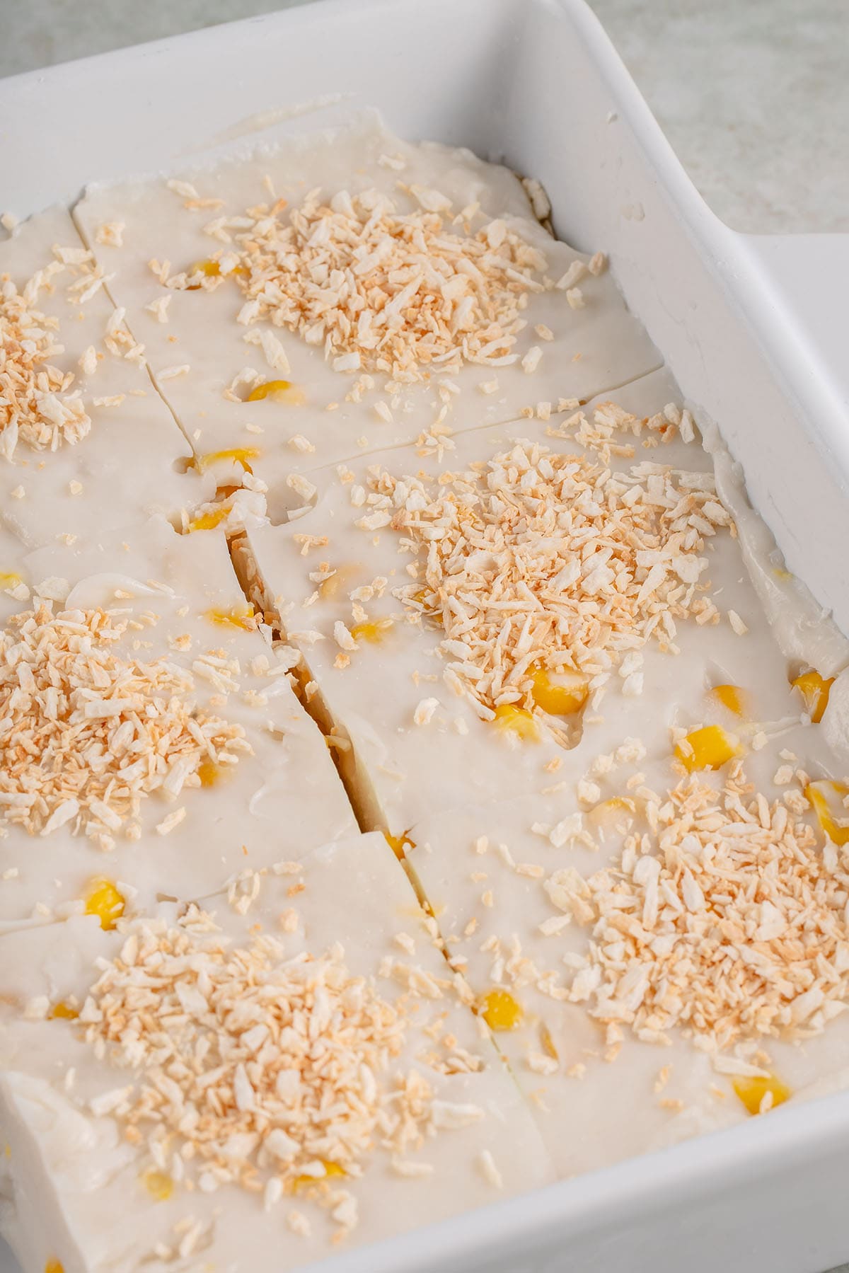 a baking dish with sliced maja blanca inside