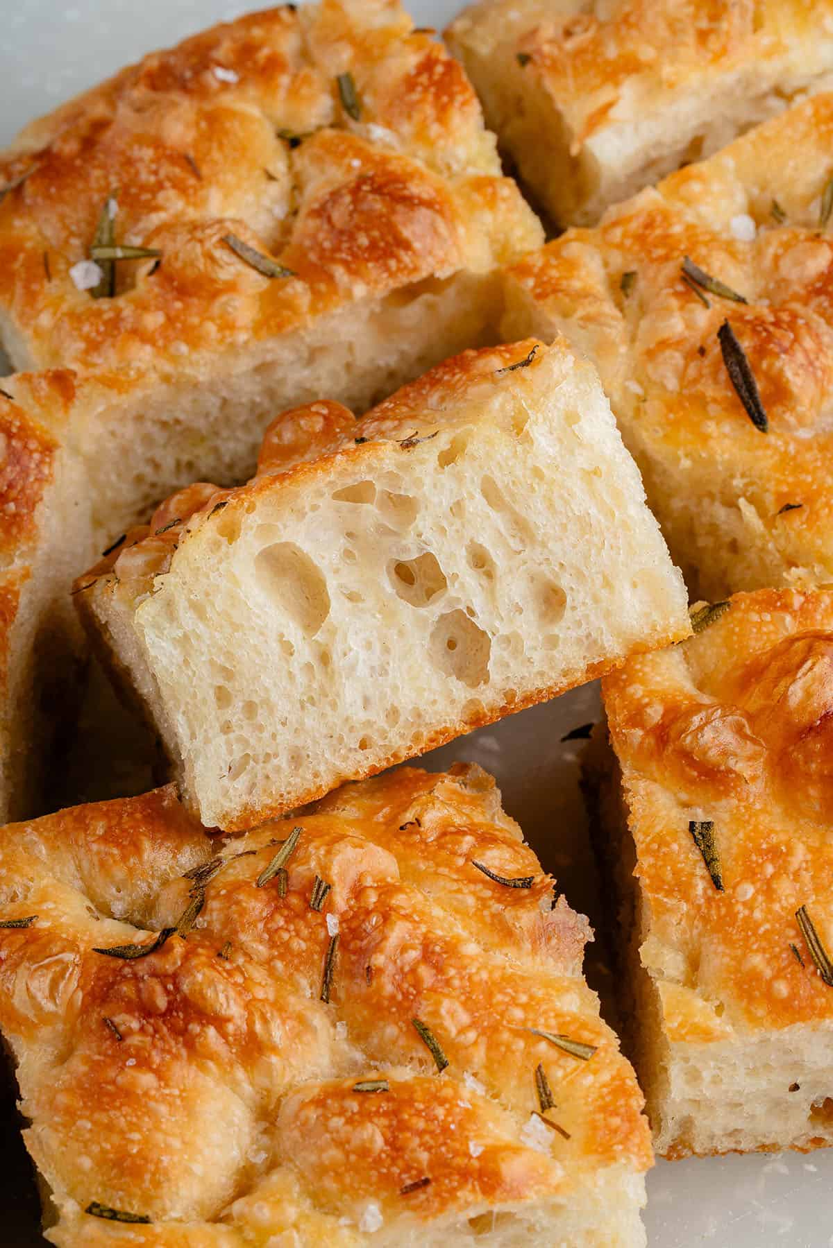 no-knead focaccia on it's side showing the crumb