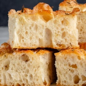 stack of focaccia showing crumb