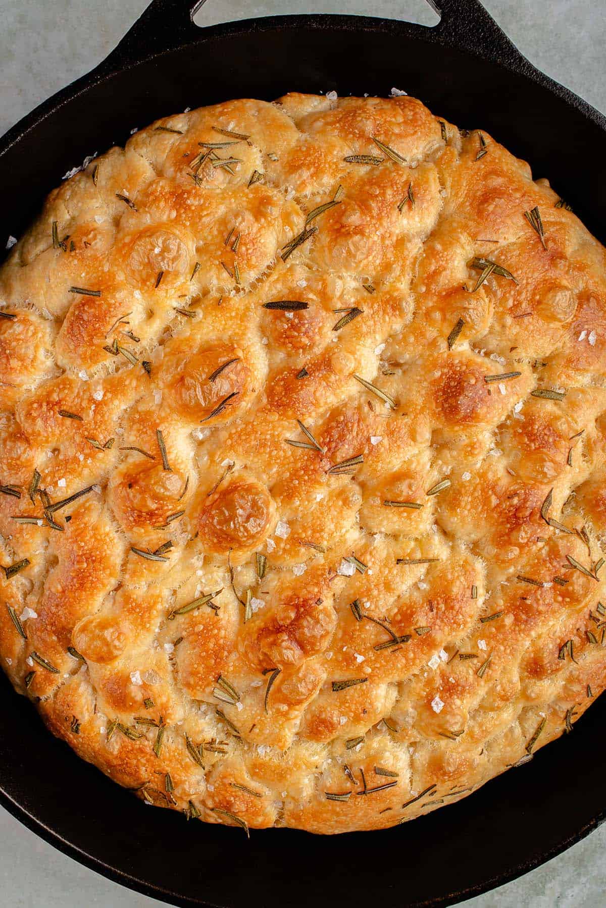 baked no-knead focaccia in skillet