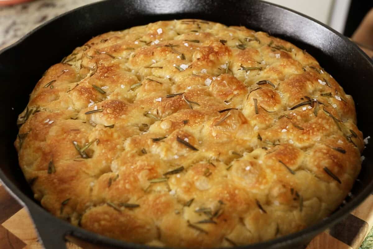 finished focaccia in a skillet