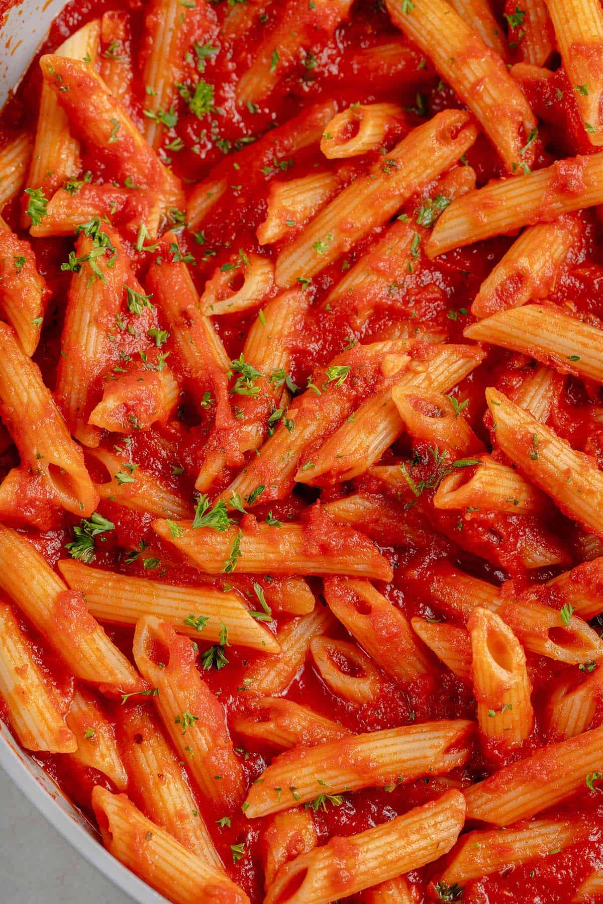 overhead photo of Penne All'Arrabbiata (Spicy Tomato Pasta)