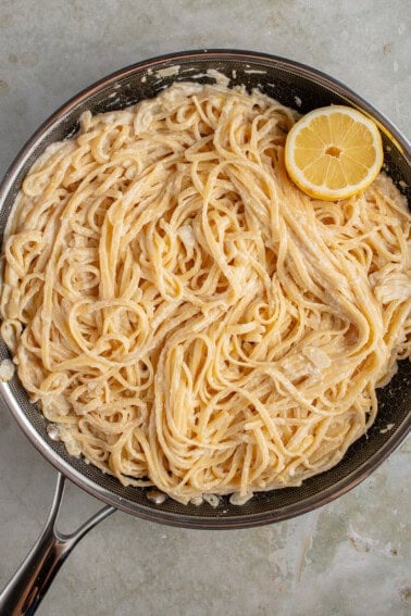 Creamy Vegan Lemon Pasta (Pasta Al Limone) in large hexclad pan