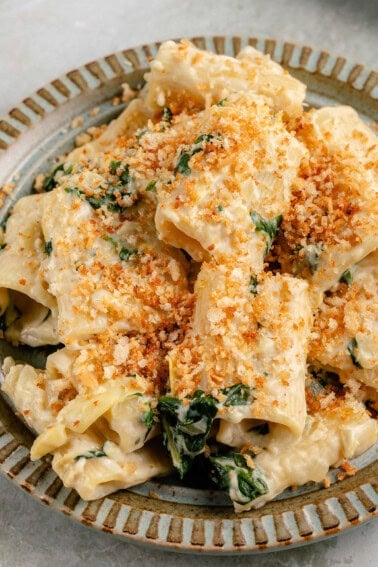 plate of spinach artichoke pasta topped with bread crumbs