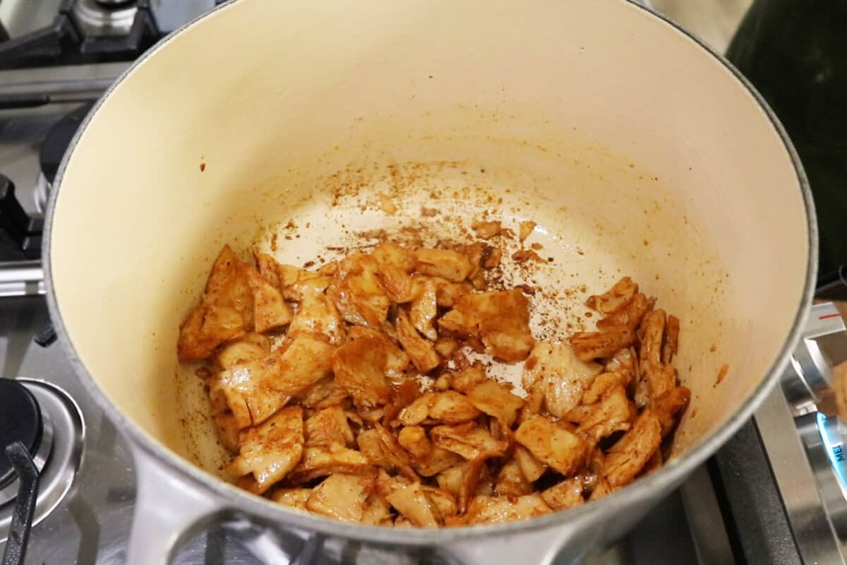 sautéing vegan chicken in vegan butter in large Dutch oven