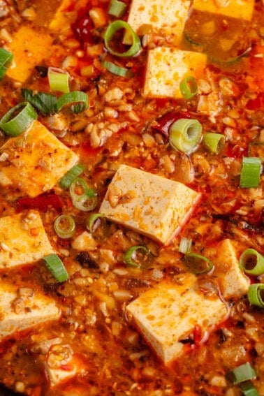 close up of saucy mapo tofu