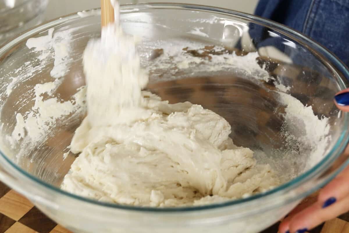 step by step: mixing the batter in a glass bowl