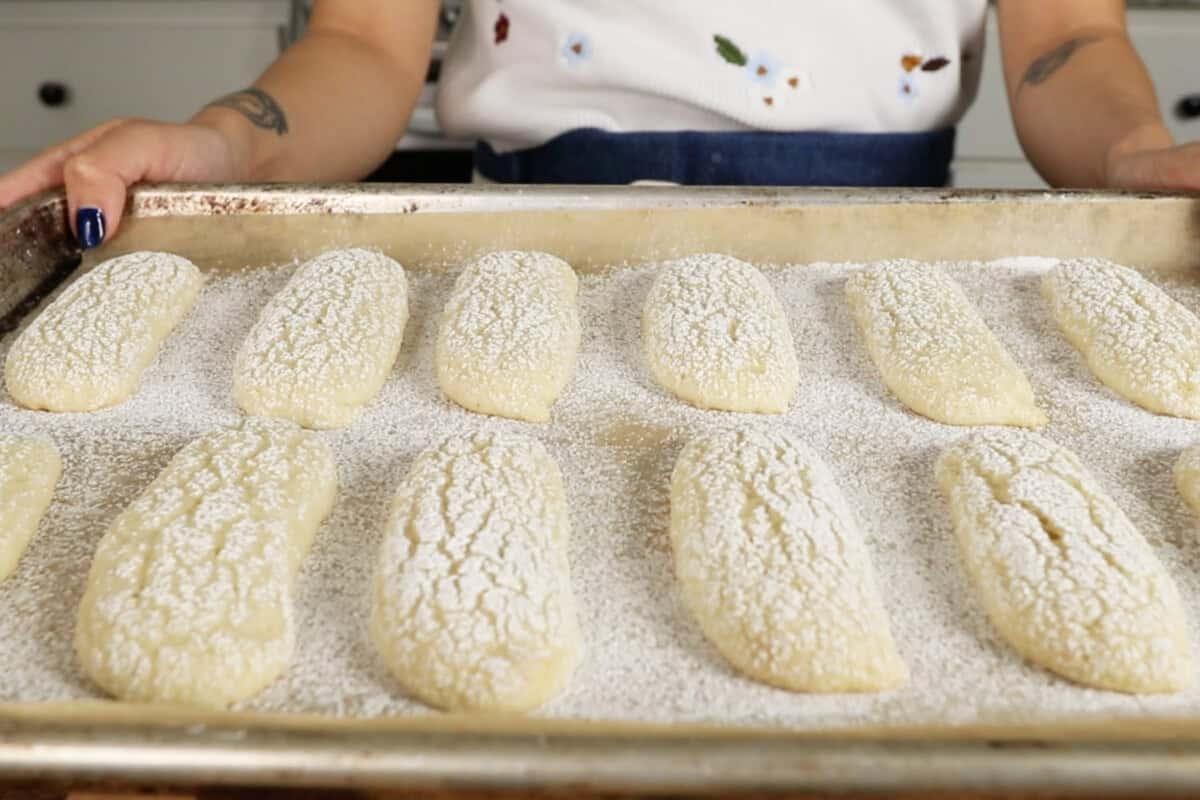 step by step: finished lady finger cookies on baking sheet