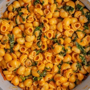 overhead up photo of creamy vegan pumpkin mac and cheese in pan