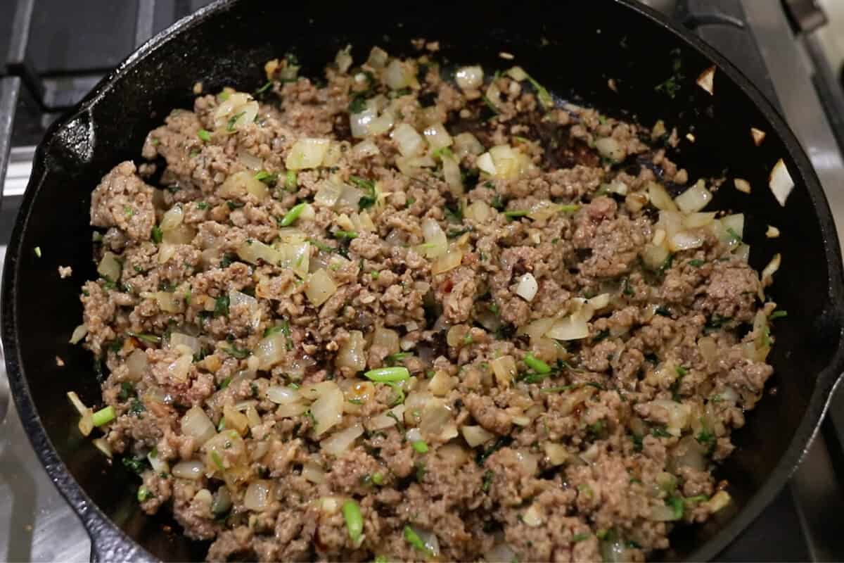 cooked vegan ground beef in skillet