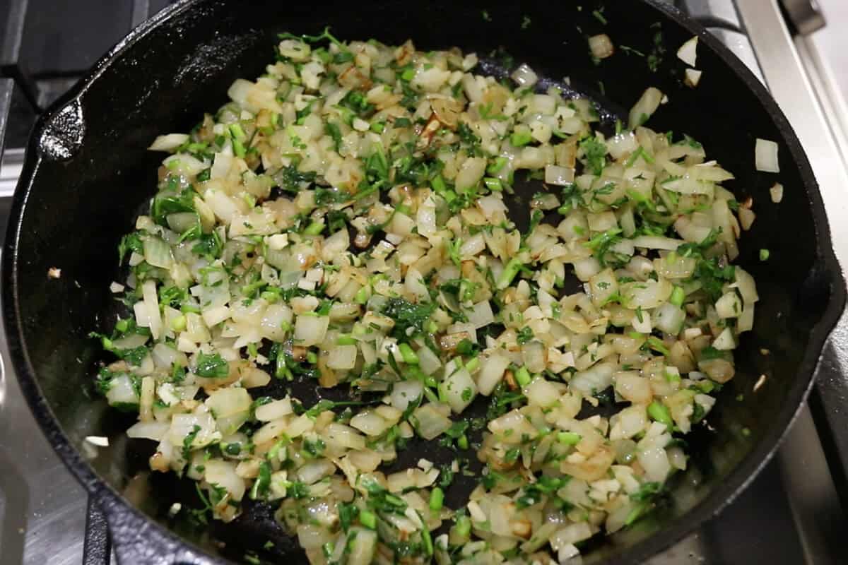 cooked onions, garlic, and cilantro