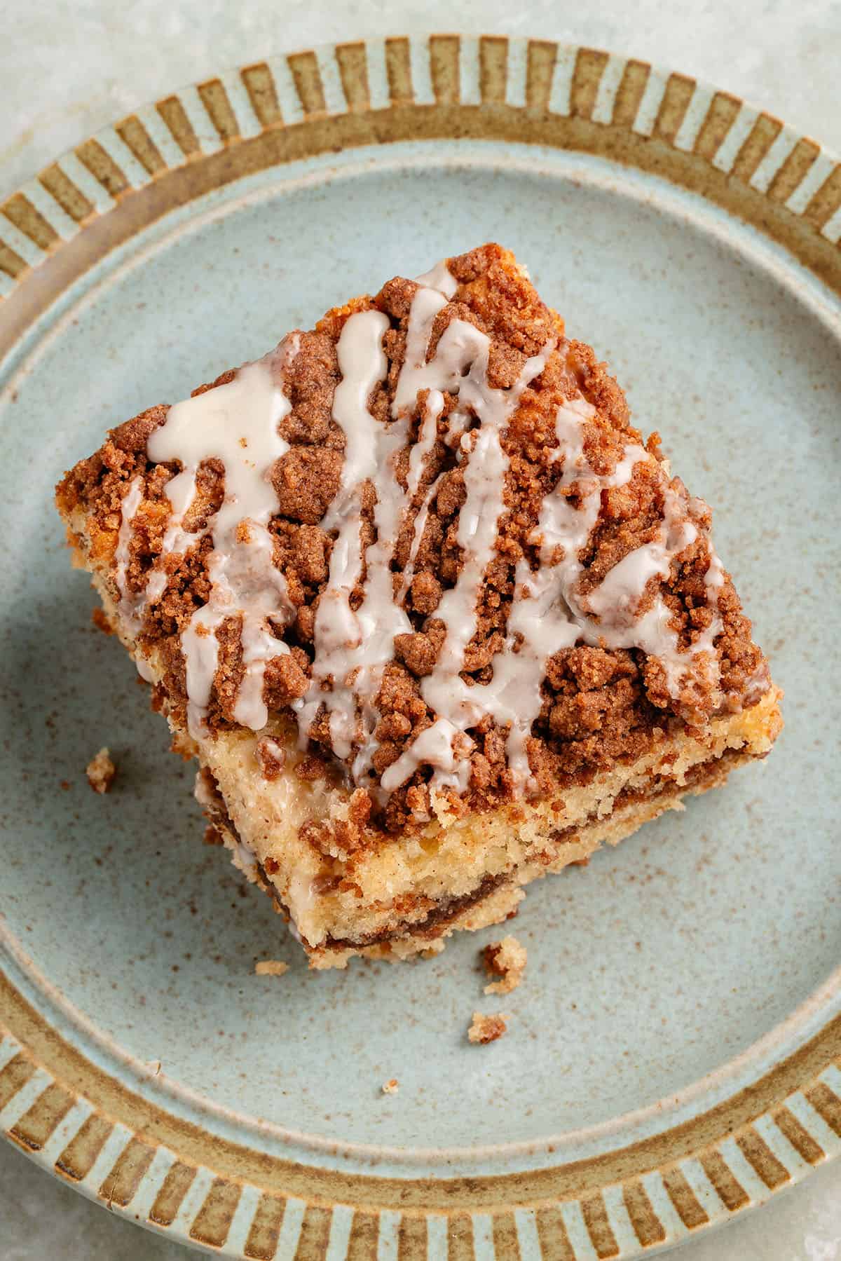 slice of vegan coffee cake on blue plate