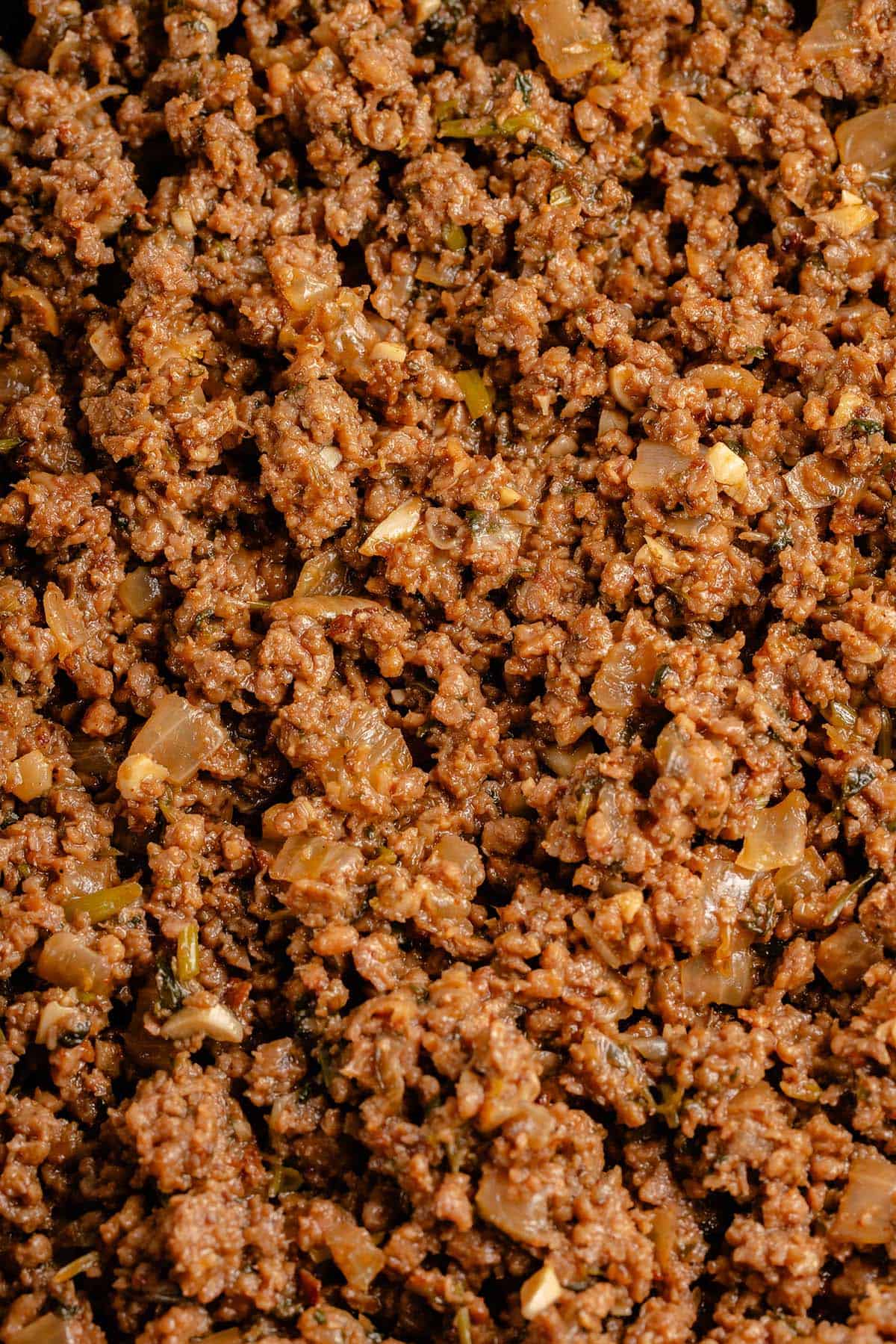 close up of vegan taco meet in skillet