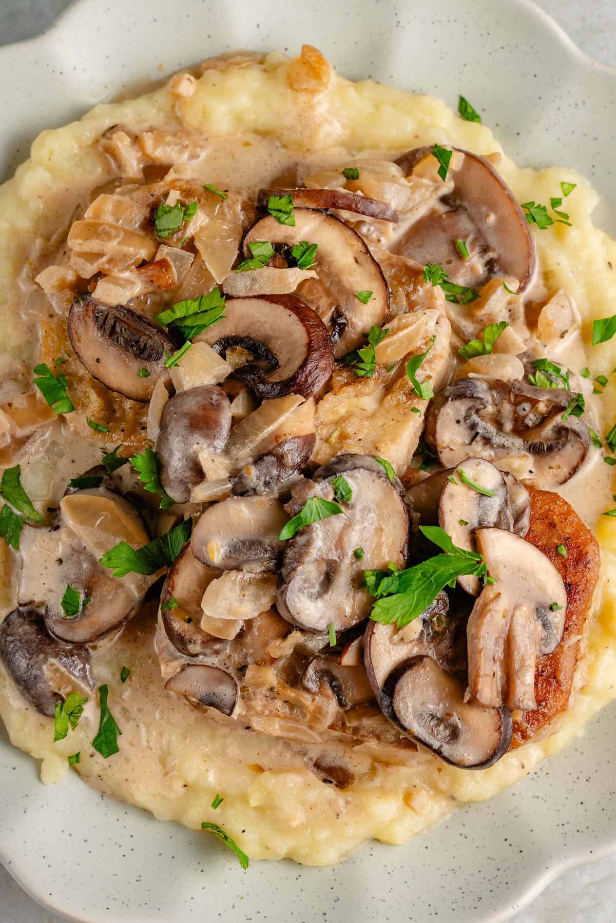 overhead of a plate of sherry tofu over mashed potatoes