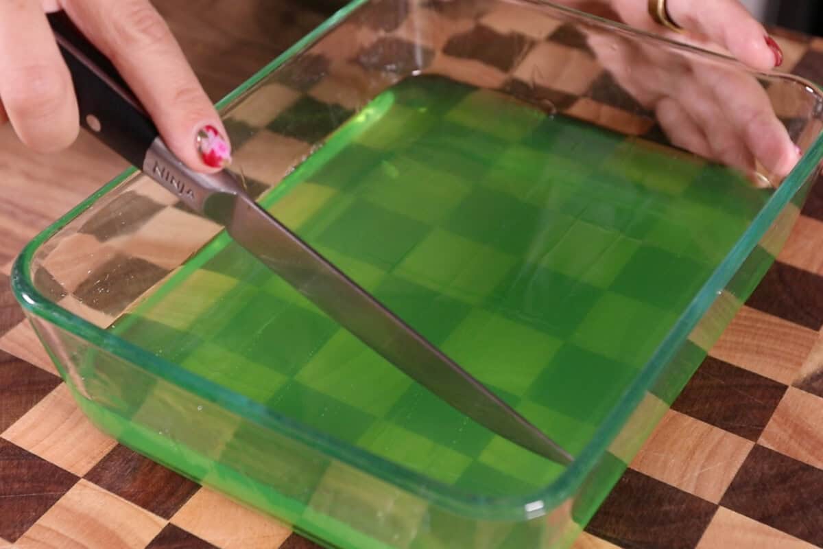 pandan jello (gulaman) in glass dish for Buko Pandan