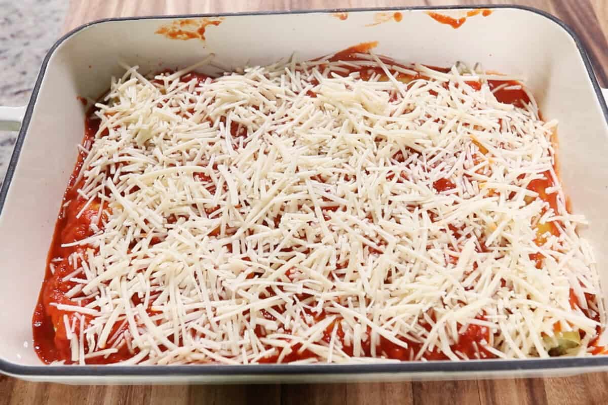 dairy-free cheese added on top of the noodles and marinara