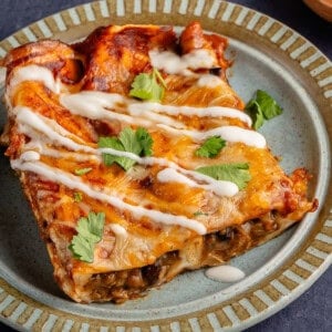 vegan enchiladas topped with sour cream and cilantro on a plate