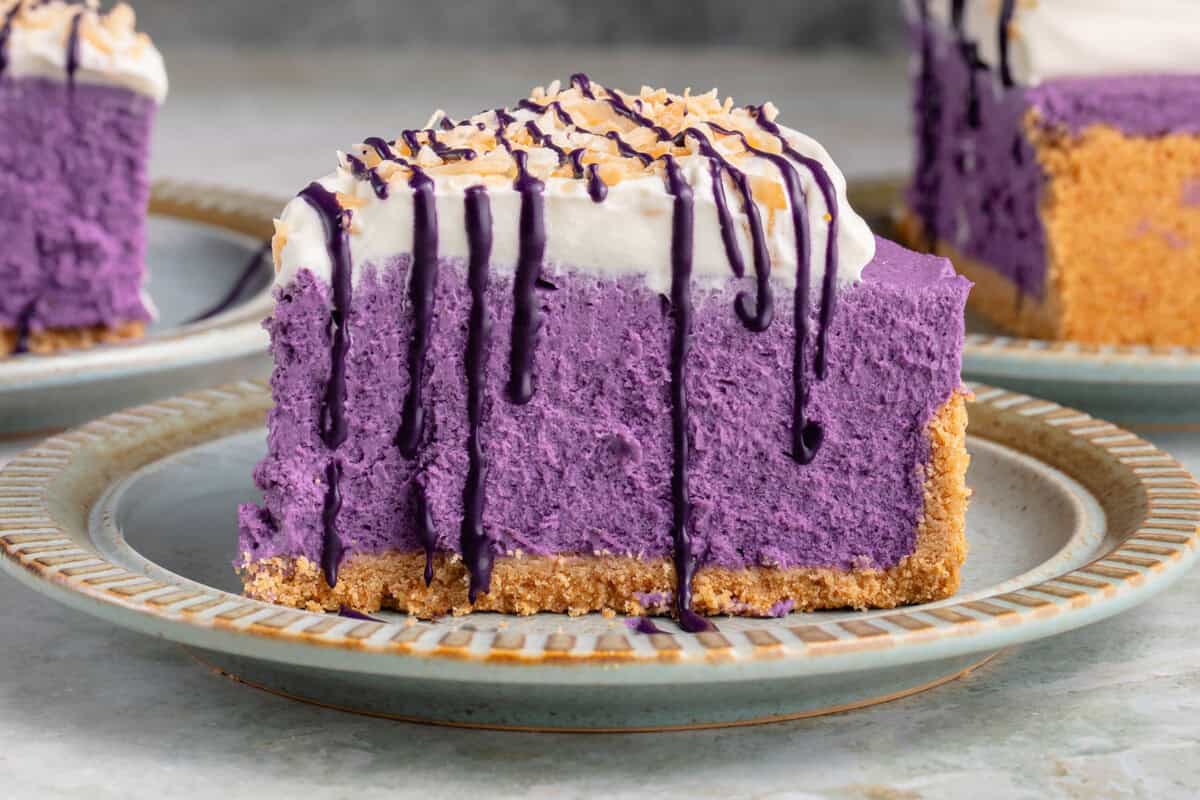 close up of vegan ube cheesecake on a plate