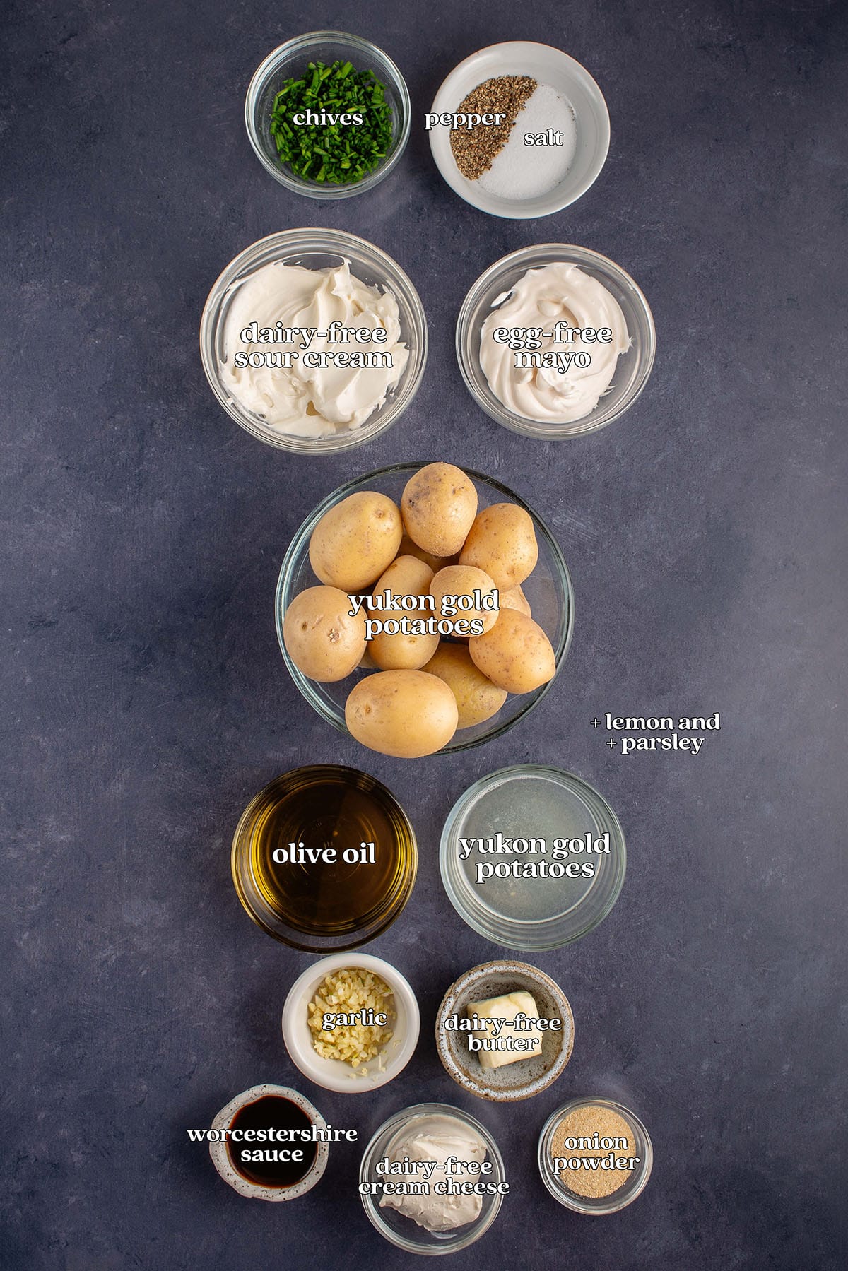 chives, pepper, salt, dairy-free sour cream, egg-free mayo, yukon gold potatoes, olive oil,