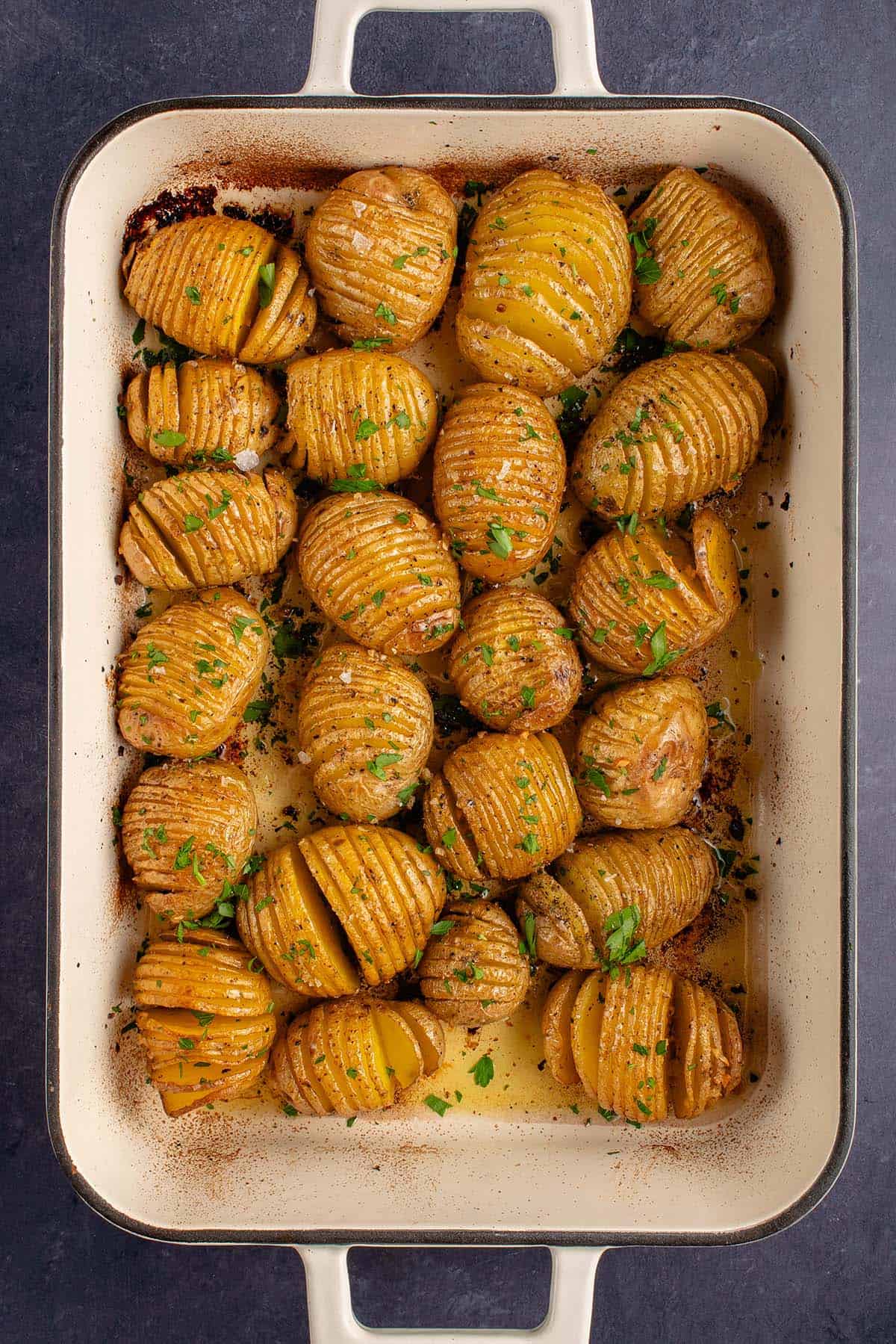 hasselback potatoes in dish after baking