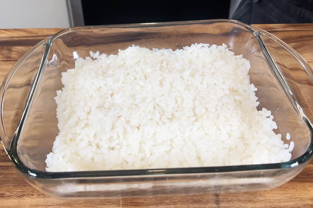 sushi rice in casserole dish