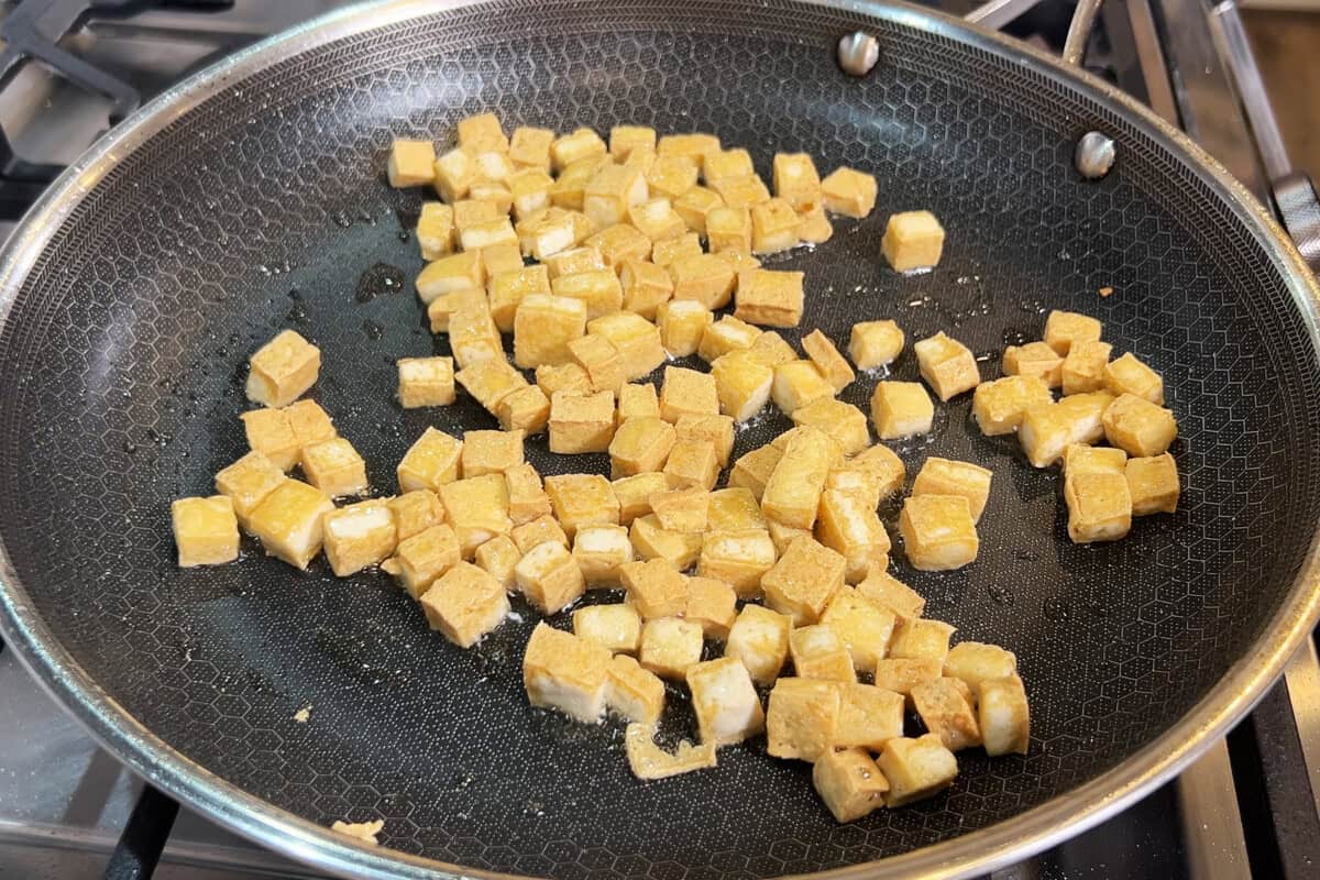 fried tofu in a skillet