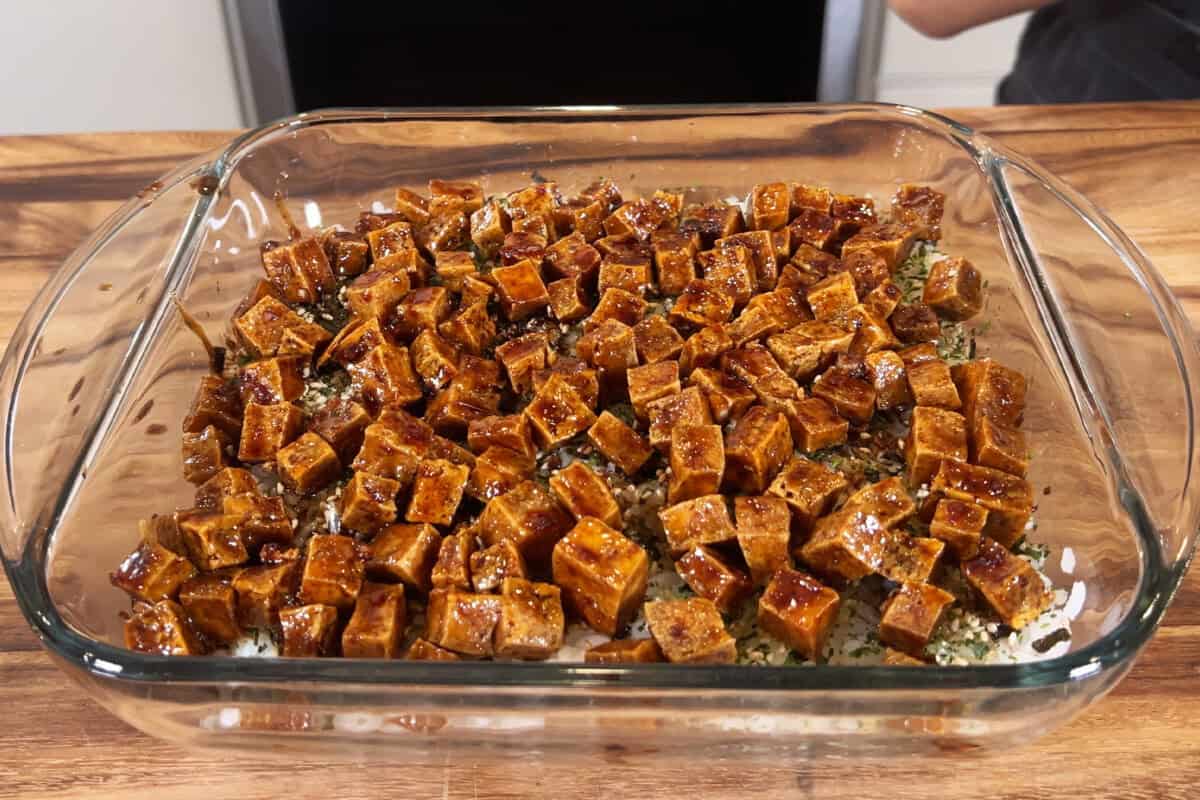 musubi tofu added to casserole dish