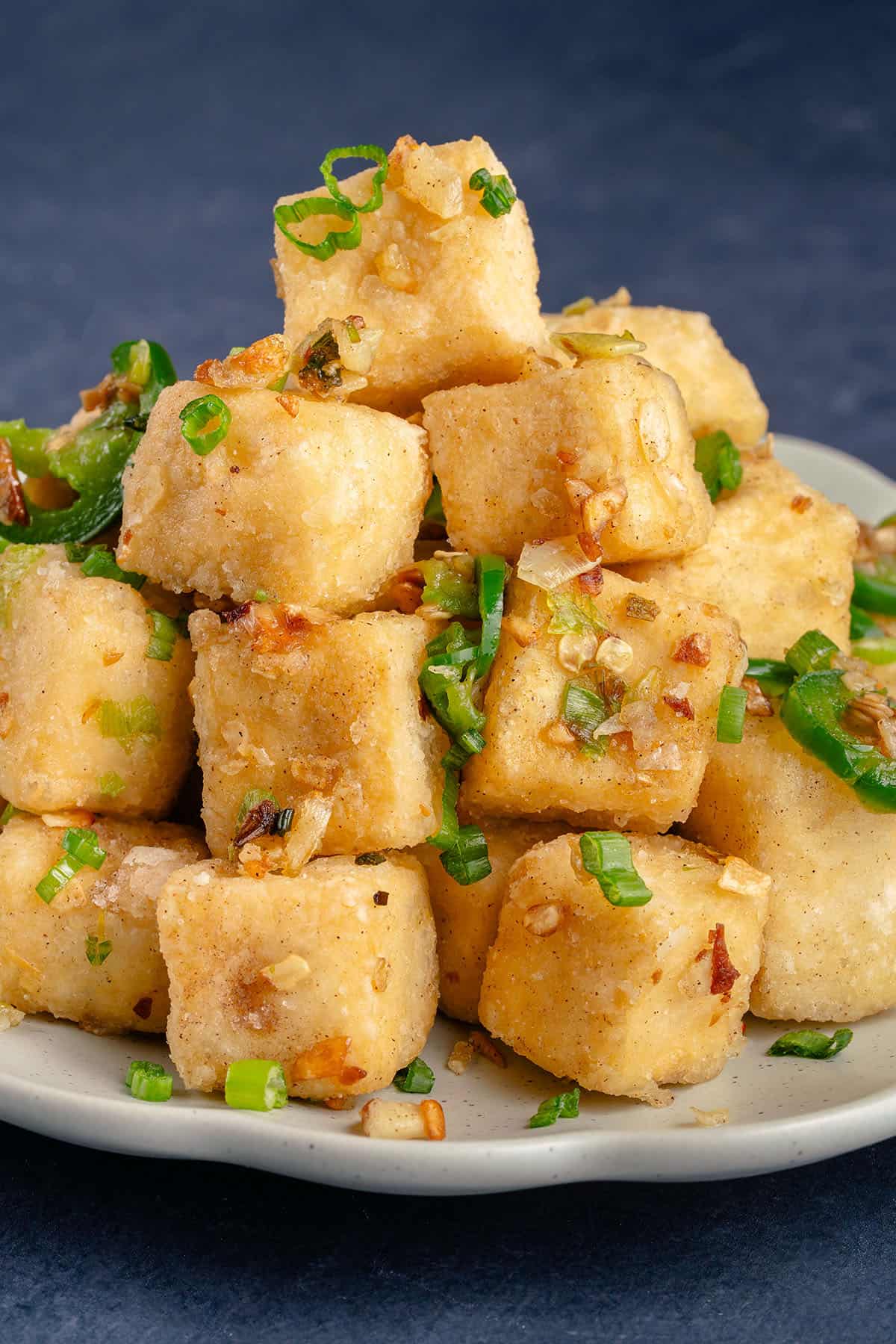 plate of crispy salt and pepper tofu piled high