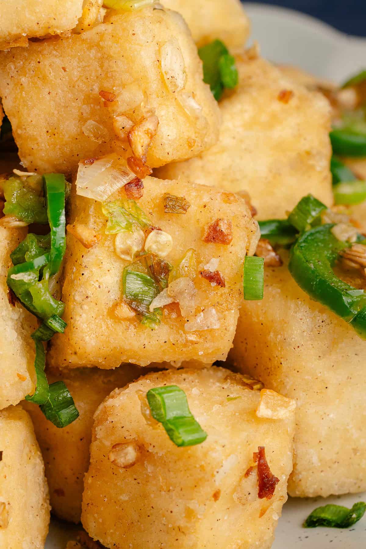 close up of crispy salt and pepper tofu