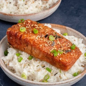 vegan salmon filet topped with green onions, sesame seeds, and seaweed on a bed of white rice