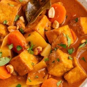 bowl of massaman curry with tofu topped with cilantro and peanuts