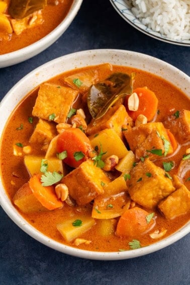 bowl of massaman curry with tofu topped with cilantro and peanuts