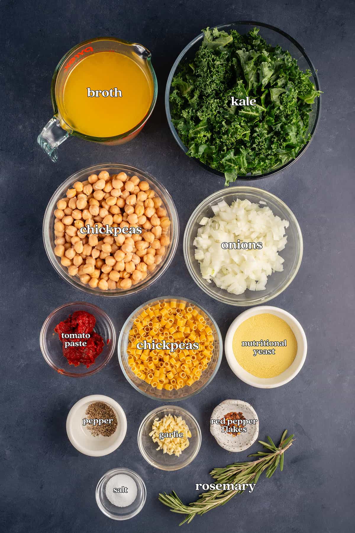 broth, kale, chickpeas, onions, tomato paste, chickpeas, nutritional yeast, pepper, garlic, red pepper flakes, salt, rosemary