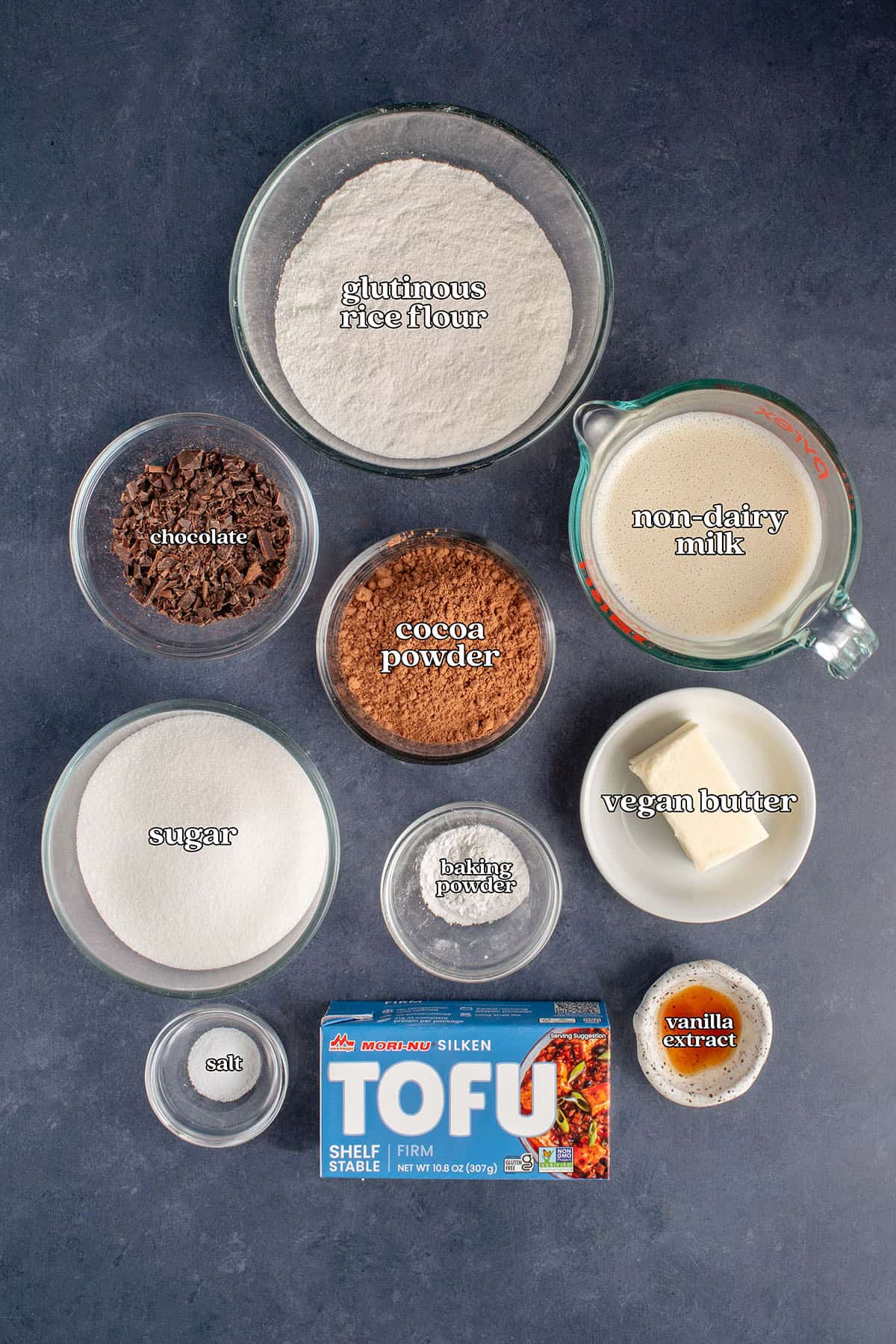 glutinous rice flour, chocolate, cocoa powder, non-dairy milk, sugar, baking powder, vegan butter, salt, tofu, vanilla extract