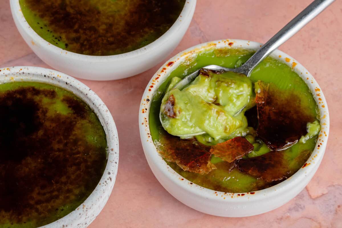 horizontal photo 3 ramekins of Vegan Matcha Crème Brûlée