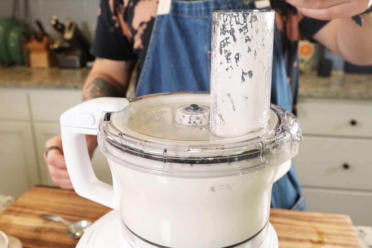 preparing Lebanese Garlic Sauce (Toum) in food processor