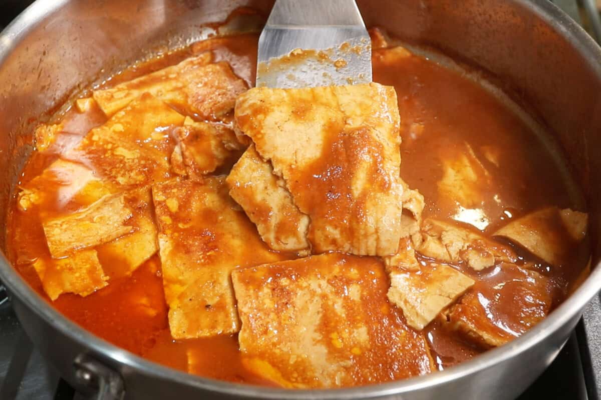 Ham-Style Tofu Deli Meat Slices in large pot