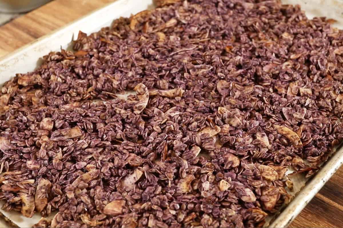 crispy toasted Ube Coconut Granola on baking sheet