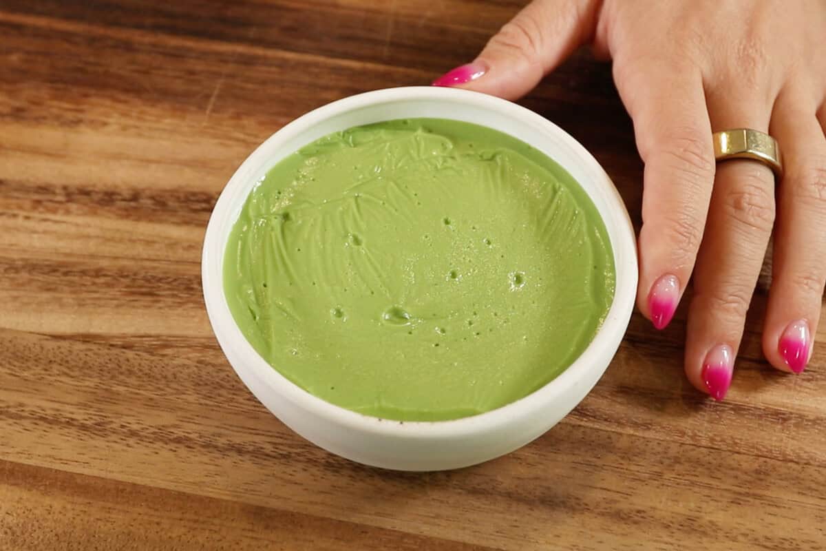 set matcha custard in ramekin for Vegan Matcha Crème Brûlée