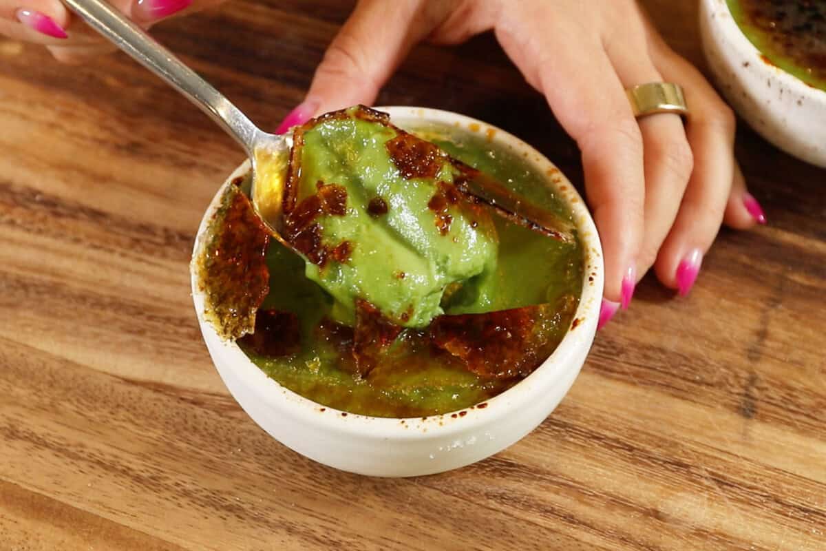 scooping Vegan Matcha Crème Brûlée