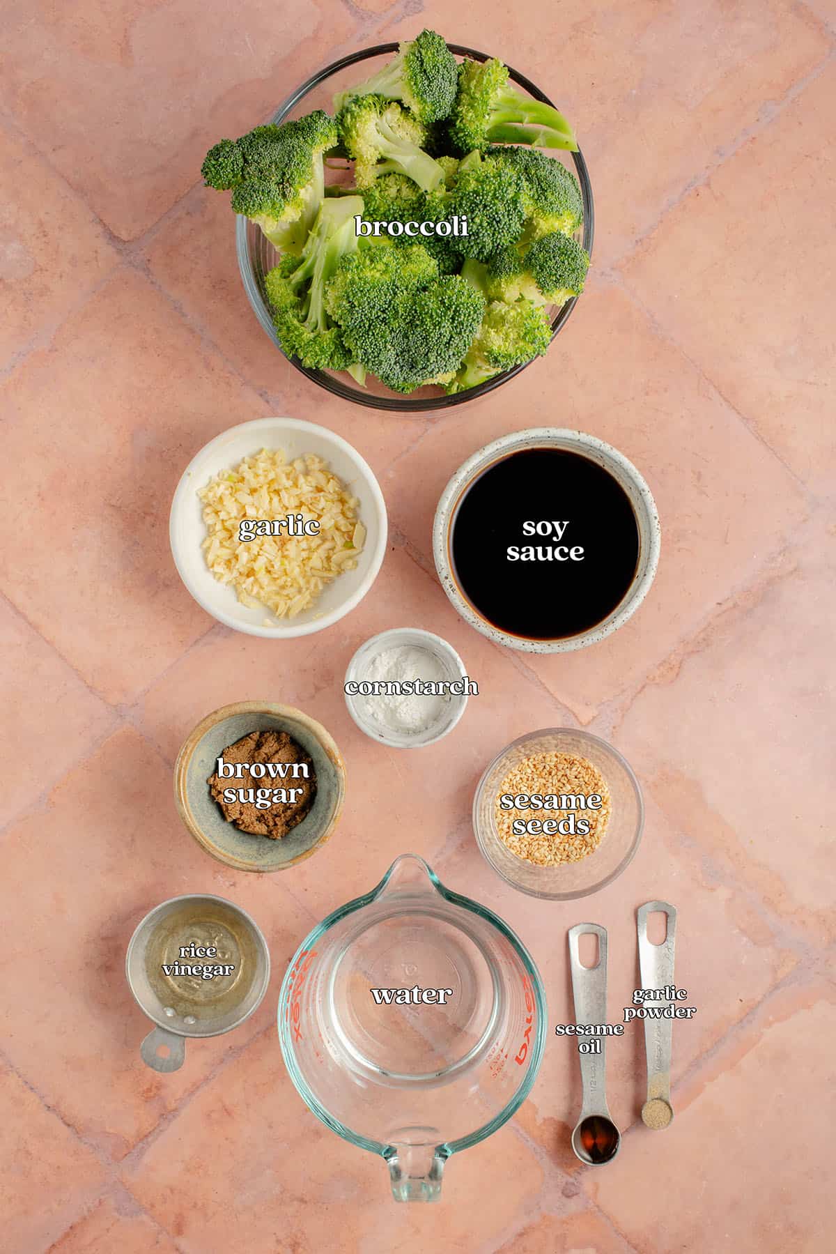 labeled ingredients for 10-Minute Broccoli with Garlic Sauce: broccoli florets, garlic, soy sauce, cornstarch, brown sugar, sesame seeds, rice vinegar, water, sesame oil and garlic powder