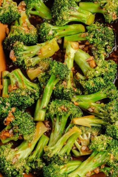 close up photo of 10-Minute Broccoli with Garlic Sauce in yellow dish