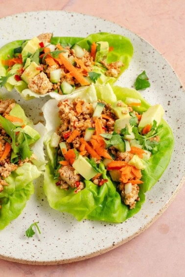 close up of chili lime tofu lettuce wraps on a plate