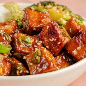 bowl of maple glazed tofu with broccoli