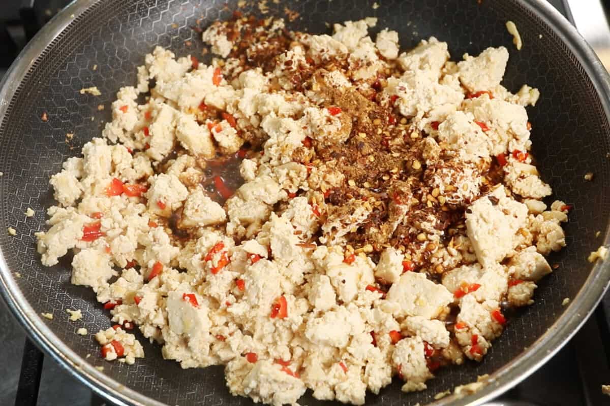 crumbled tofu with chilies and spices added