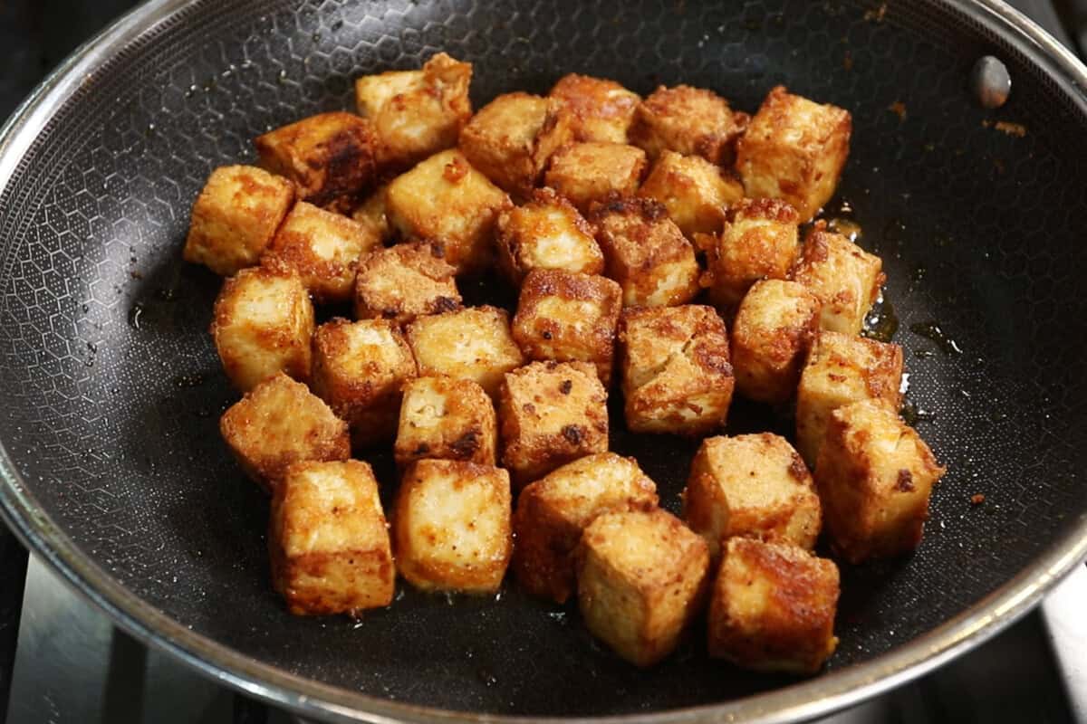 pan fried tofu in skillet