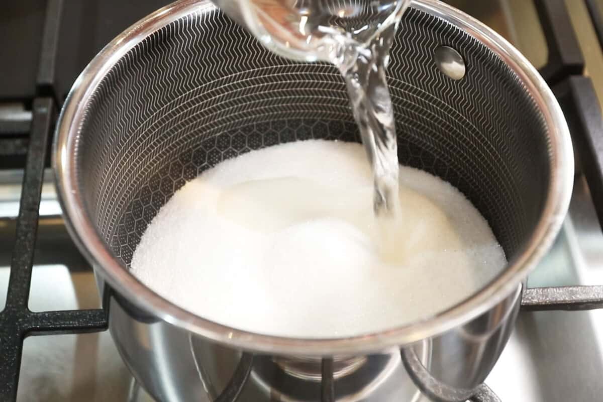 boiling sugar and water to add to meringue for Classic Vegan Lemon Meringue Pie