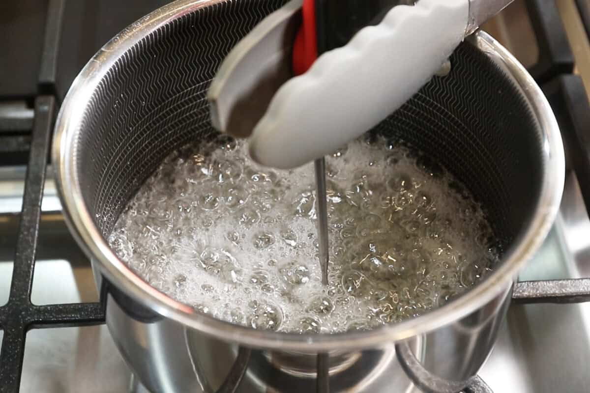 boiling sugar to add to meringue for Classic Vegan Lemon Meringue Pie
