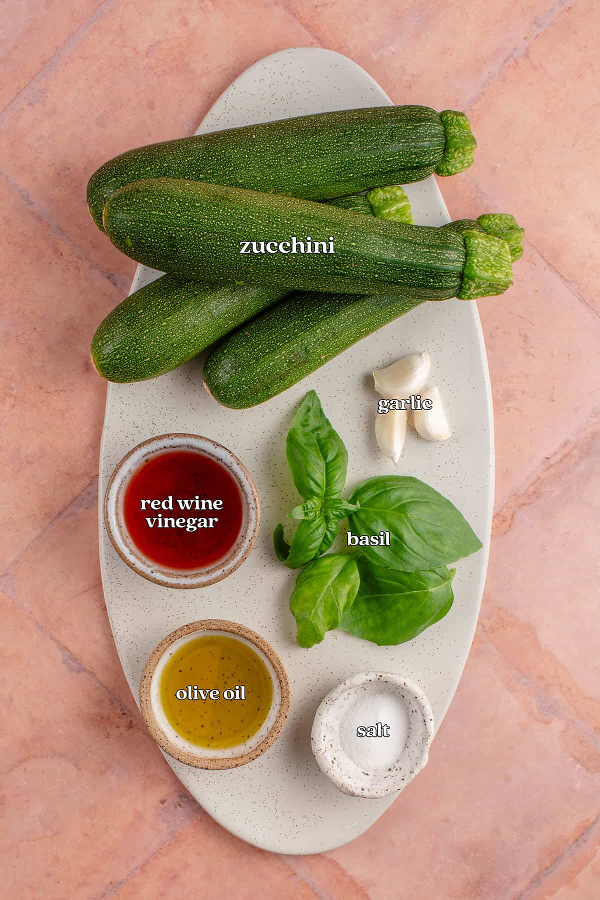 zucchini, red wine vinegar, garlic, basil, olive oil, salt