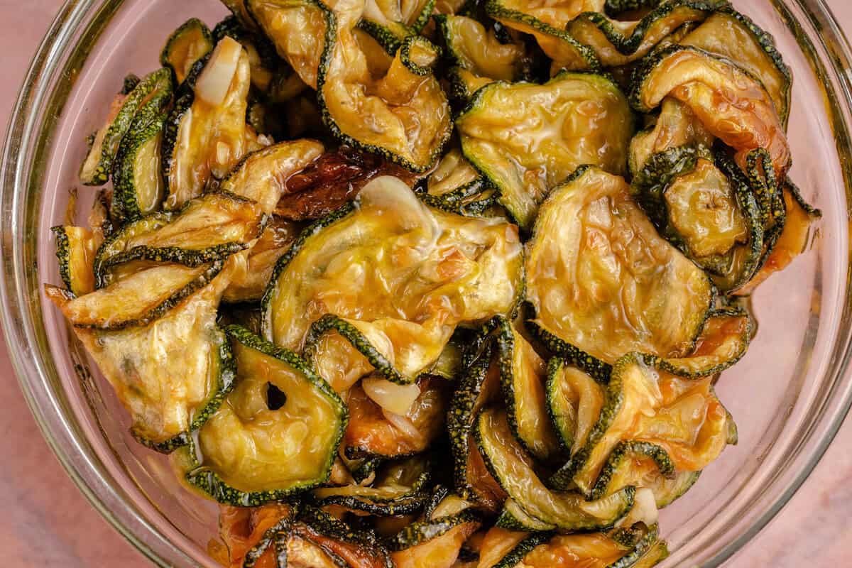 close up of a bowl of fried zucchini